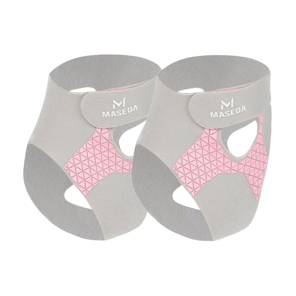 A pair of light gray ultra-thin ankle braces for joint support, featuring a pink geometric pattern and the Maseda logo.