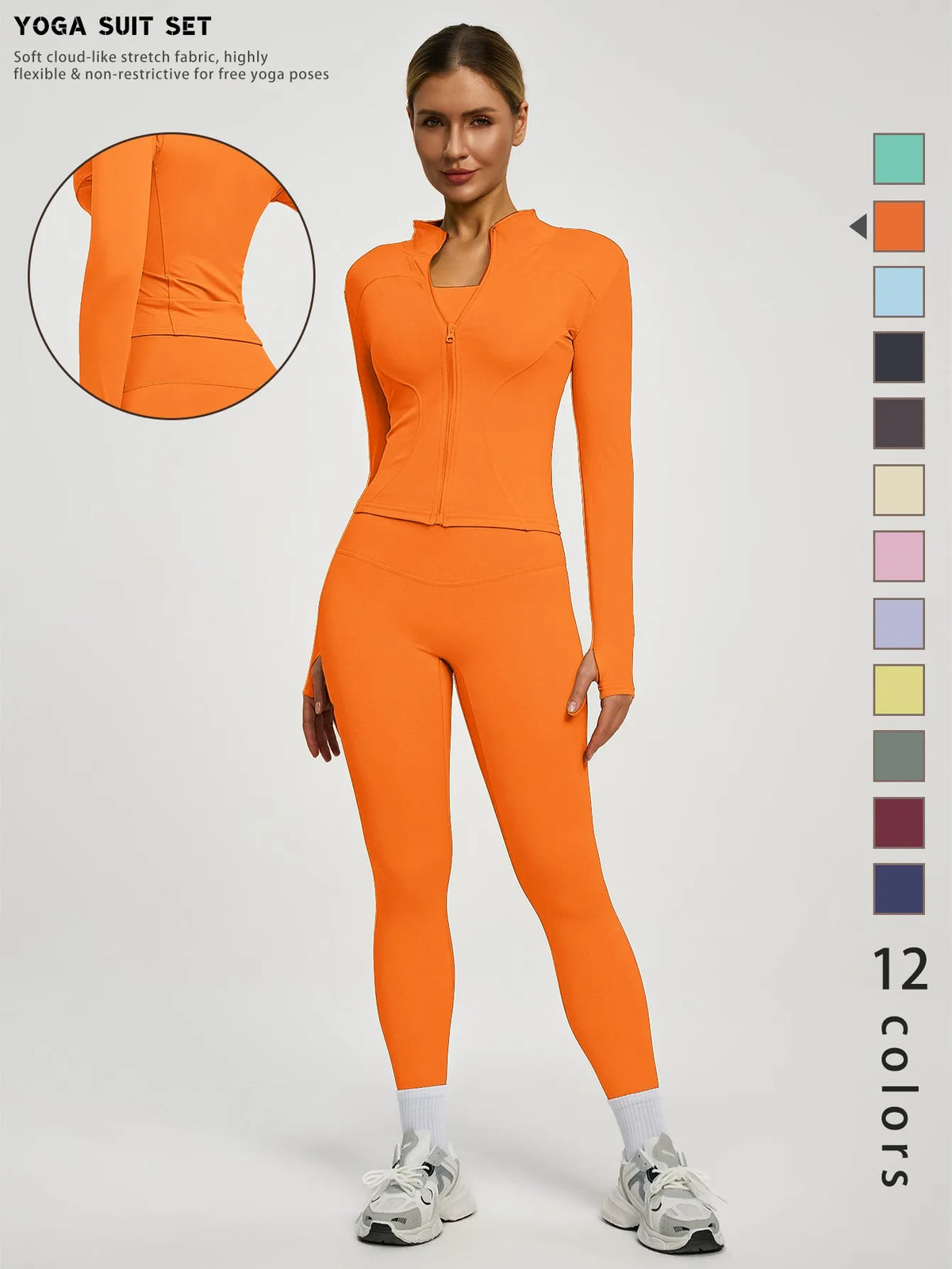 Orangefarbenes Damen-Yoga-Sportset mit langärmeligem Oberteil und Leggings.