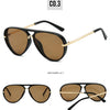 A pair of black retro pilot sunglasses with brown gradient lenses shown from the front and back.
