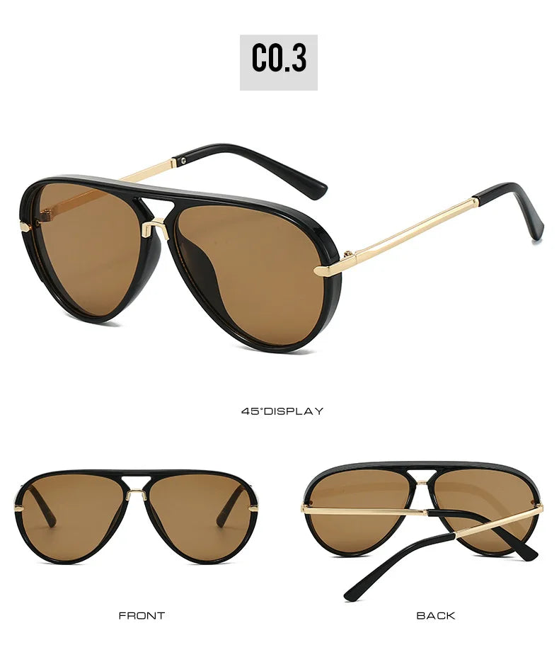 A pair of black retro pilot sunglasses with brown gradient lenses shown from the front and back.