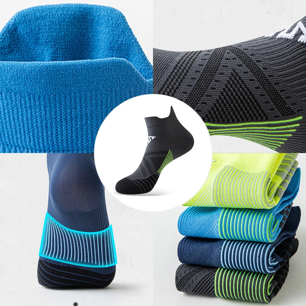 A collection of breathable anti-blister running socks in various colors and textures, including blue, black, and lime green.