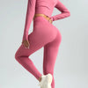 A model wearing seamless high-waist yoga leggings in a dusty rose color, shown in full body and close-up views.