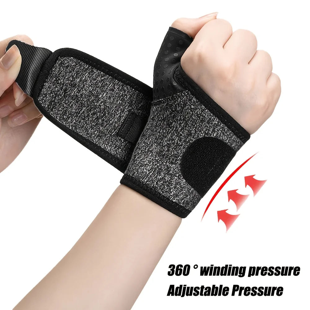 A hand is wearing a black and silver textured compression wristband on the forearm.