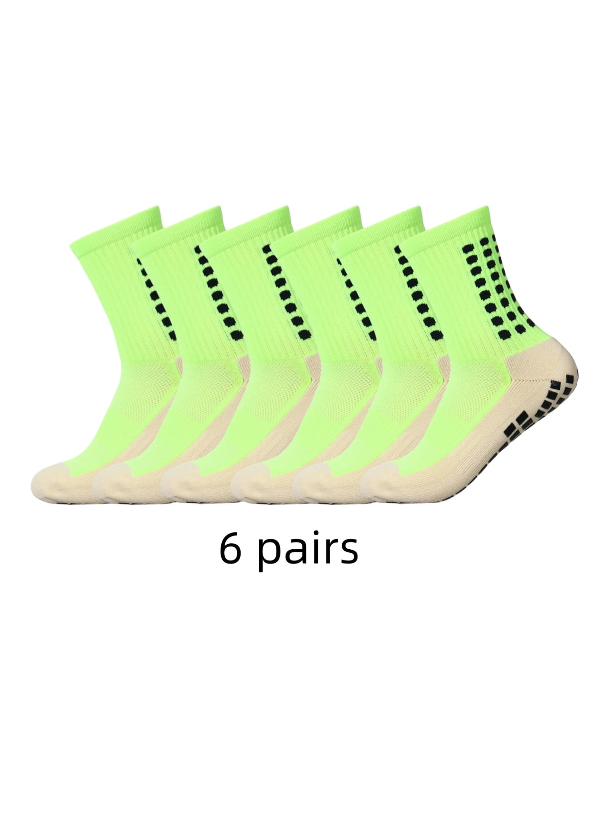 Sechs Paar neon-limengrüne, rutschfeste Sportsocken in einer Reihe.