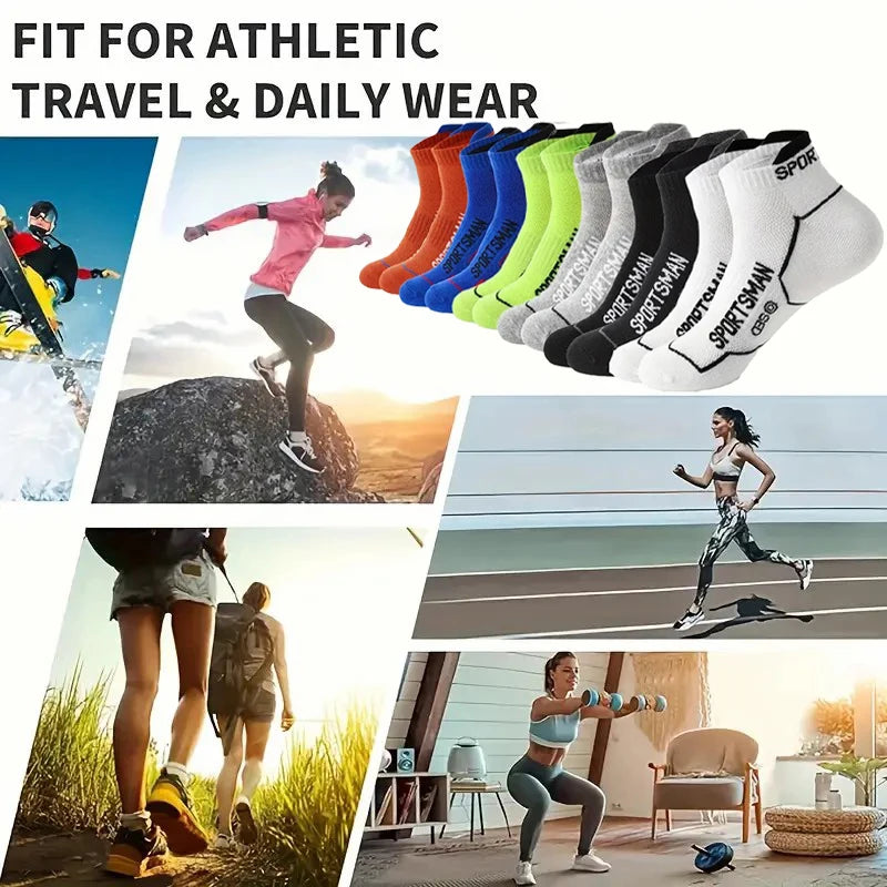 A variety of athletic socks in various colors are displayed alongside images of people engaging in outdoor activities and exe