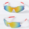 Pair of clear-framed sport sunglasses with multi-colored lenses resting on a white background.