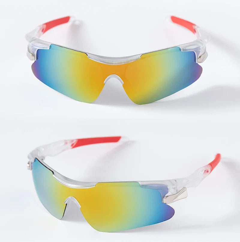 Pair of clear-framed sport sunglasses with multi-colored lenses resting on a white background.