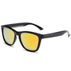A pair of black gradient mirrored sunglasses with yellow-tinted lenses.