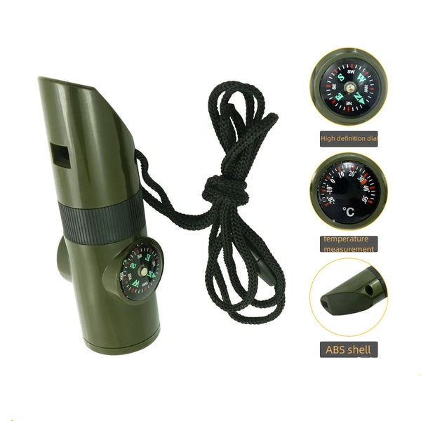 A green multi-function survival whistle and tool kit with a cord, showing various features like a dial and an ABS shell.