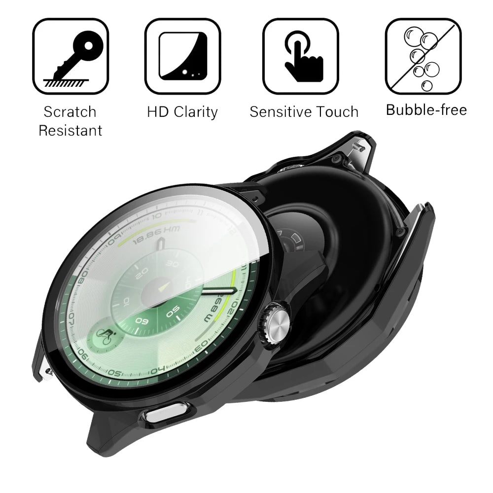 A black tempered glass and hard PC case for a Huawei Watch GT 6 displayed on a white background.