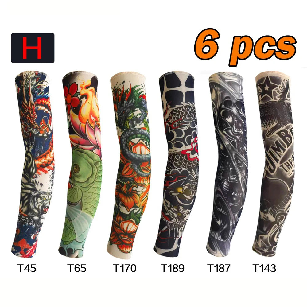 Six packs of UV protection tattoo arm sleeves in various designs and colors for active lifestyle