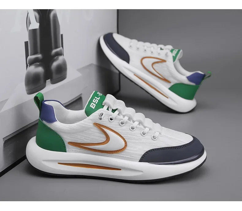 A white and green men's breathable mesh running shoe with purple accents shown from the side.