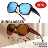 A pair of black sunglasses with blue lenses and a pair of brown-tinted sunglasses are shown.