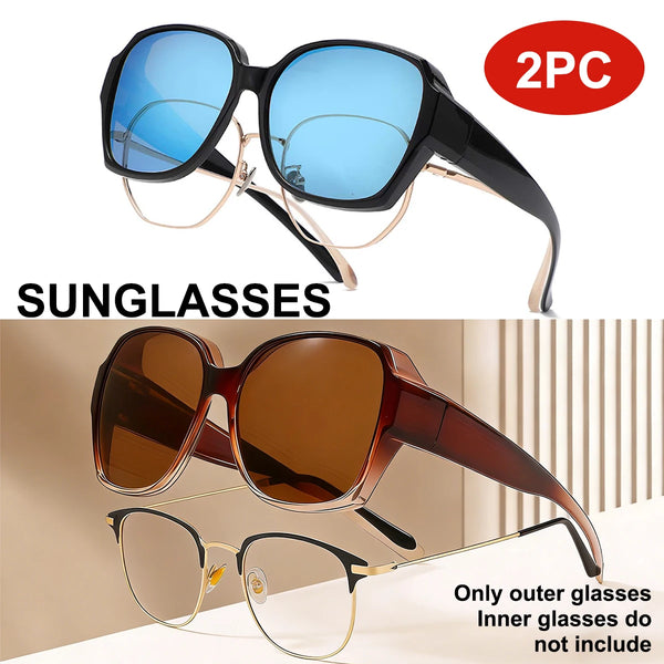 Un par de gafas de sol negras con lentes azules y un par de gafas de sol tintadas en marrón.
