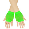Bright lime green mesh fingerless gloves worn on a hand.