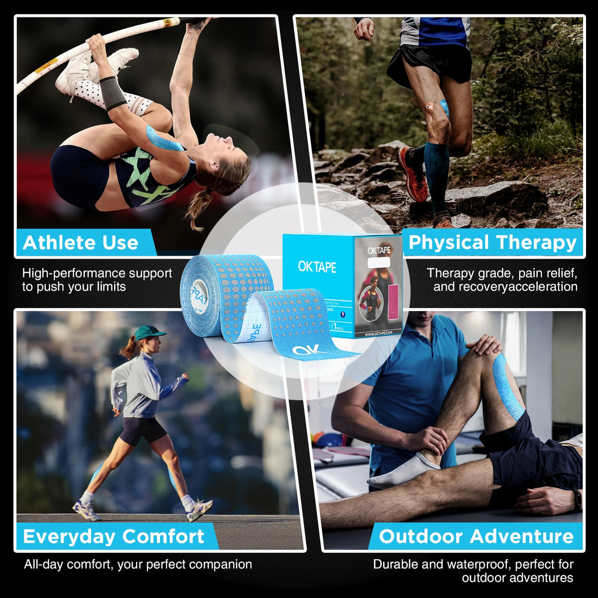 Image showing various uses of premium kinesiology tape for athletic performance, physical therapy, and outdoor adventures.