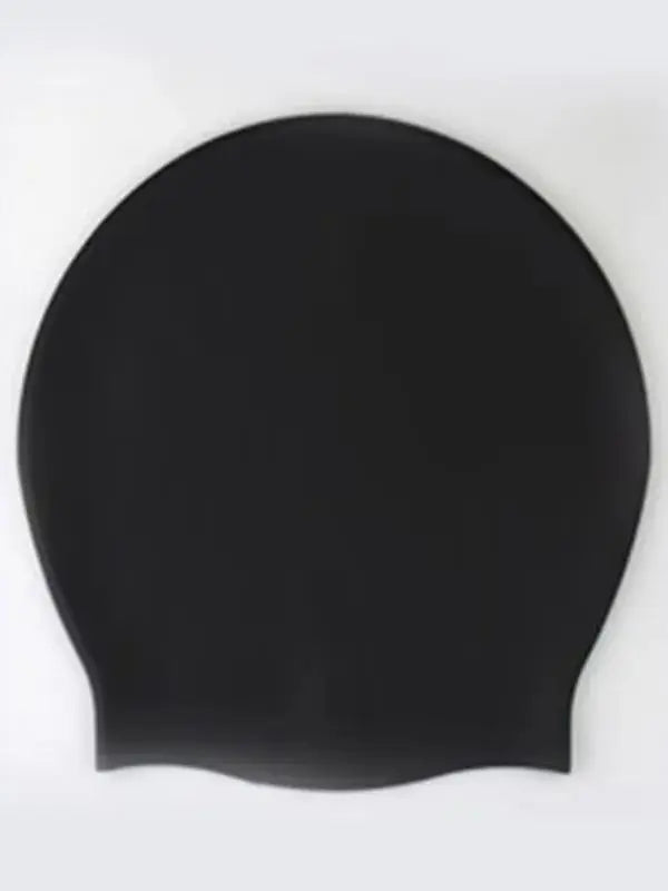 A smooth, black silicone swim cap designed for long hair.