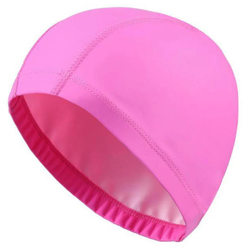 A bright pink waterproof swim cap designed to protect long hair.