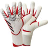 A pair of white and red latex goalkeeper football gloves shown from above.