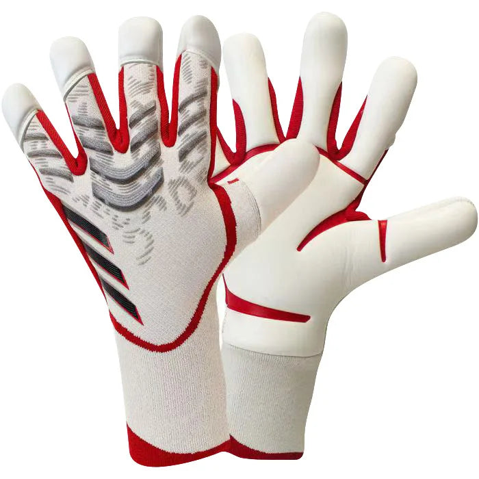 A pair of white and red latex goalkeeper football gloves shown from above.
