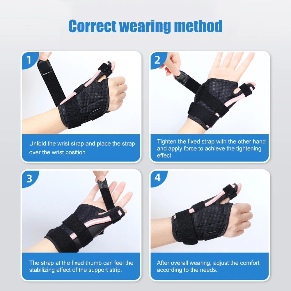 Instructions montrent comment mettre et ajuster correctement un bracelet noir pour le soutien des articulations.