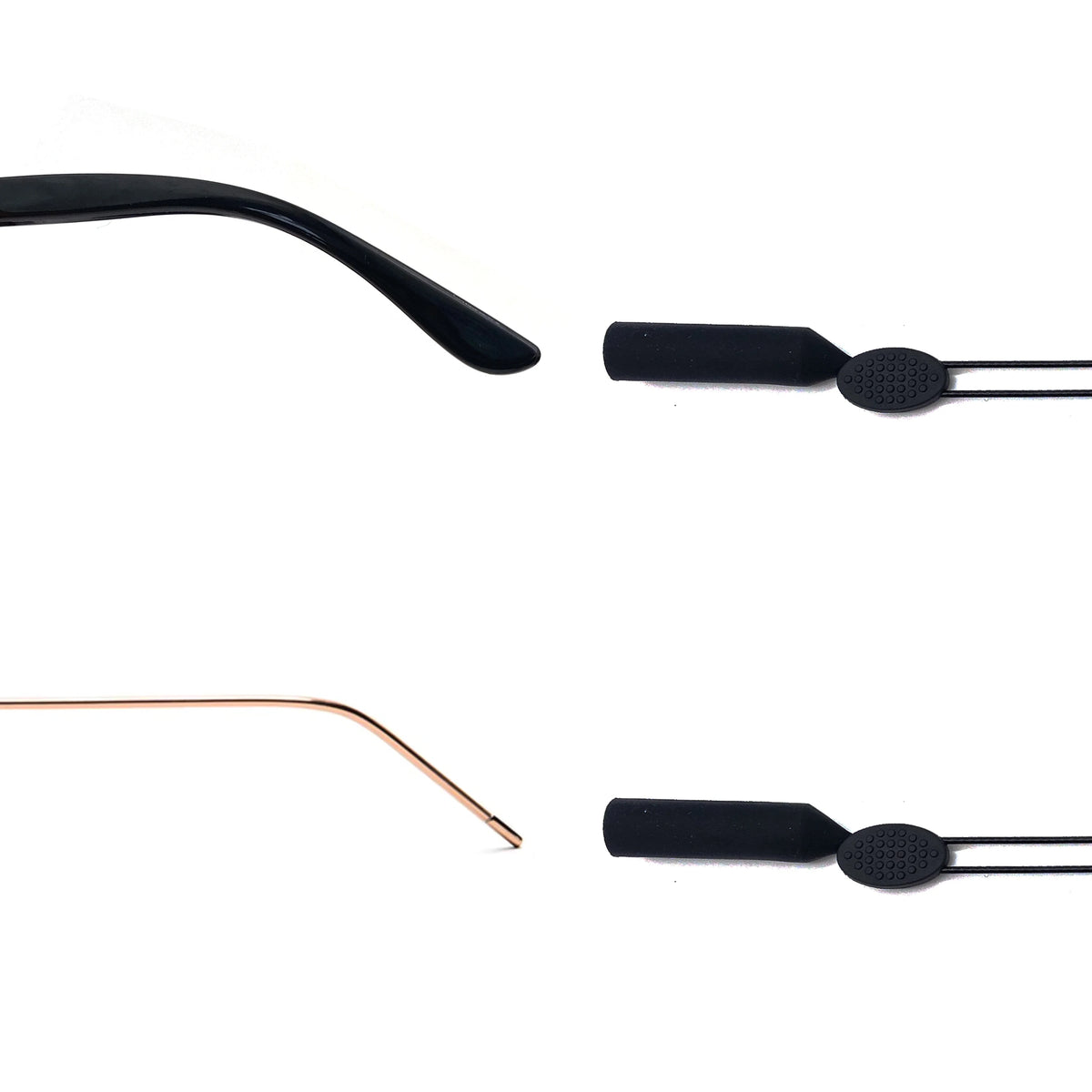 A set of adjustable anti-slip glasses straps, including a black curved strap and two black and copper-colored thin straps wit