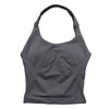 A dark gray seamless performance yoga and gym tank top with a racerback design.