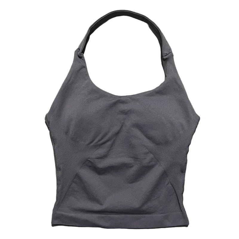 A dark gray seamless performance yoga and gym tank top with a racerback design.