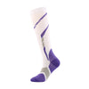 A white compression leg and calf sock with purple and gray stripes.