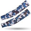 A pair of camouflage tactical arm sleeves featuring blue and gray patterns for UV protection.
