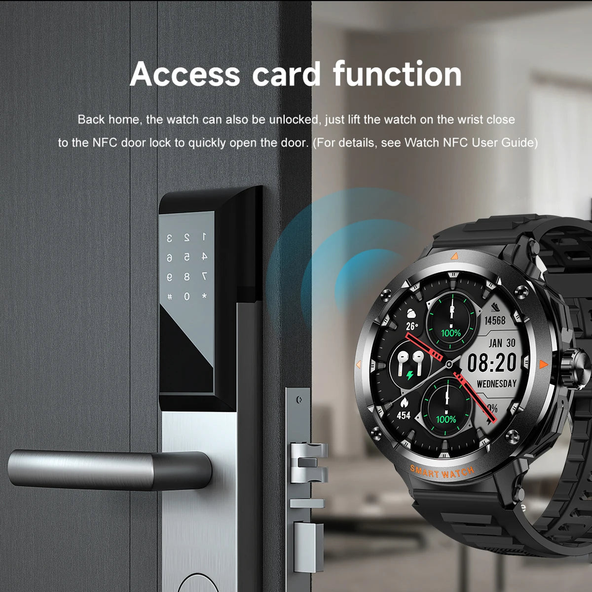 Eine Smartwatch neben einer Tür mit Zugangskartenfunktion, die ihre Verwendung zum Entsperren der Tür veranschaulicht.