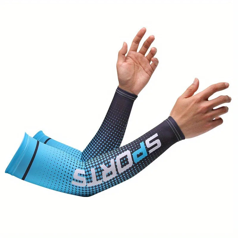 A person wearing a blue and black sports sleeve on their forearm, demonstrating UV protection or cooling for outdoor activiti