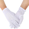 Un par de guantes de manejo de algodón blancos vistos desde arriba, destacando la textura y el ajuste.