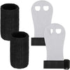 A pair of black gymnastics wristband grips for protection and grip enhancement, shown with a separate white grip.