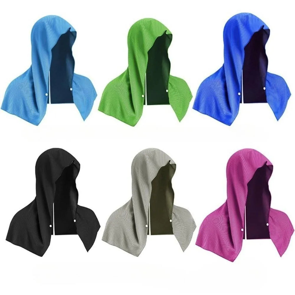 A set of five instant cooling neck gaiters in various colors including blue, green, purple, black, and pink.