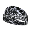 Black and white marbled elastic sports headband worn on a head