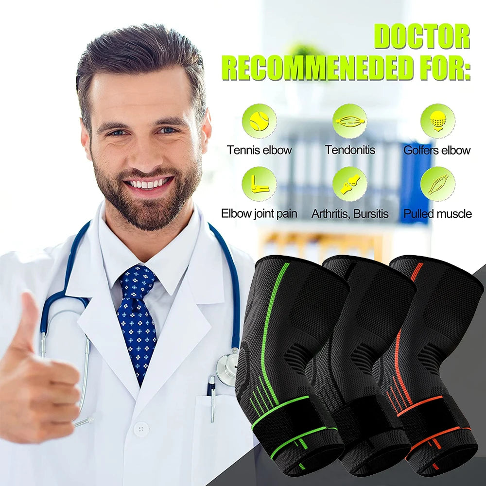 A doctor recommends an elbow support compression sleeve for tennis elbow, tendonitis, golfer's elbow, arthritis, bursitis, an