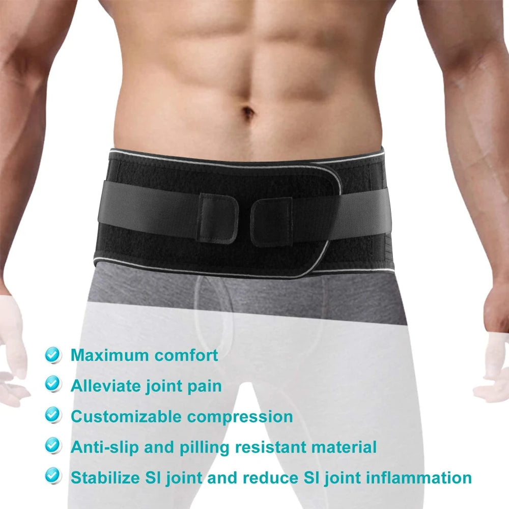 Person wearing a black adjustable support belt for the SI joint, highlighting comfort and stabilization.