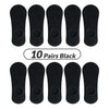 Ten pairs of black men's invisible silicone no-show socks displayed in a row.
