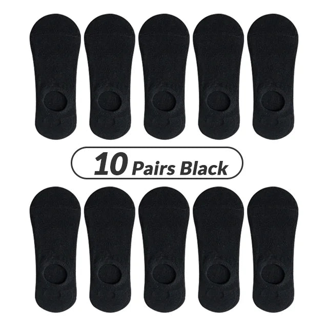 Ten pairs of black men's invisible silicone no-show socks displayed in a row.