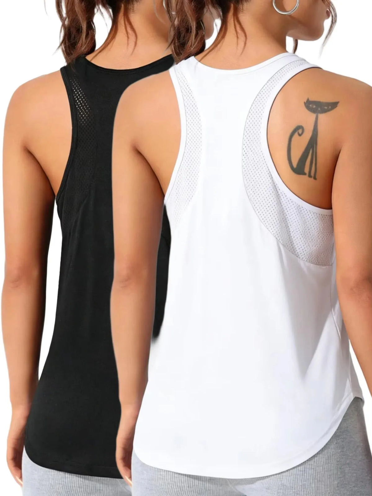 A woman wearing a white breathable sport tank top with a black tattoo on her shoulder.