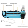 A blue adjustable sport waist bag with a waterproof zipper and headphone jack is shown next to a bottle of water.