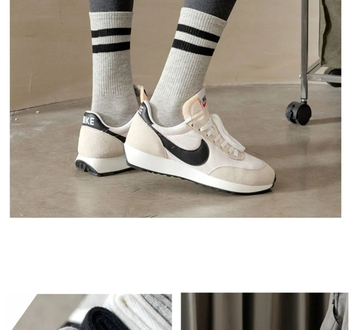 A person wearing black and white striped socks is shown standing on a gray surface next to a pair of Nike sneakers.