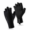 A pair of black half finger cycling gloves shown against a white background.