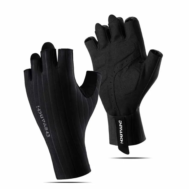 A pair of black half finger cycling gloves shown against a white background.