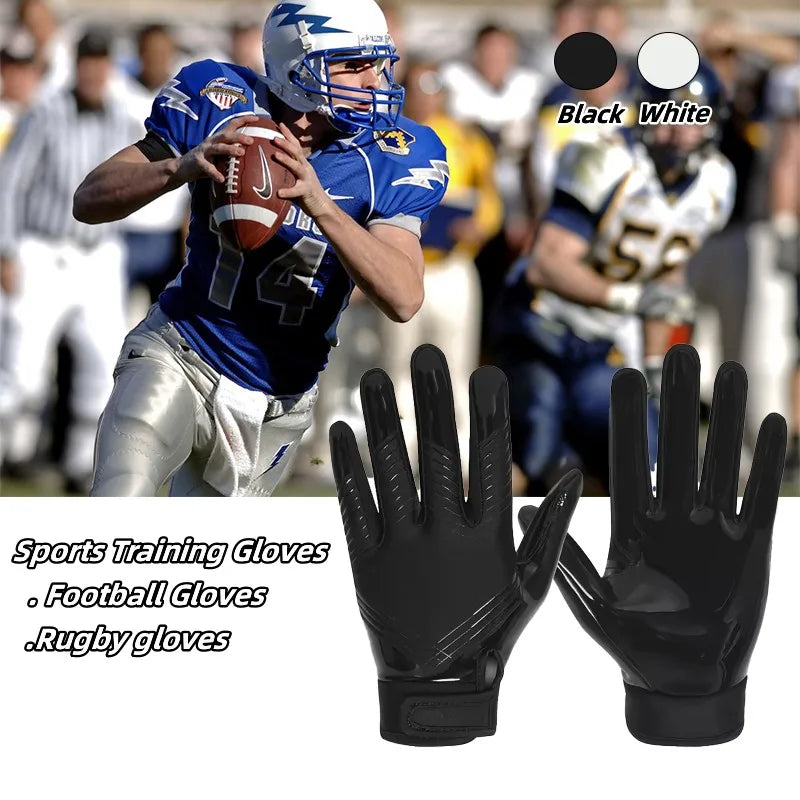 A pair of black sports training gloves shown next to a football player in a blue jersey.