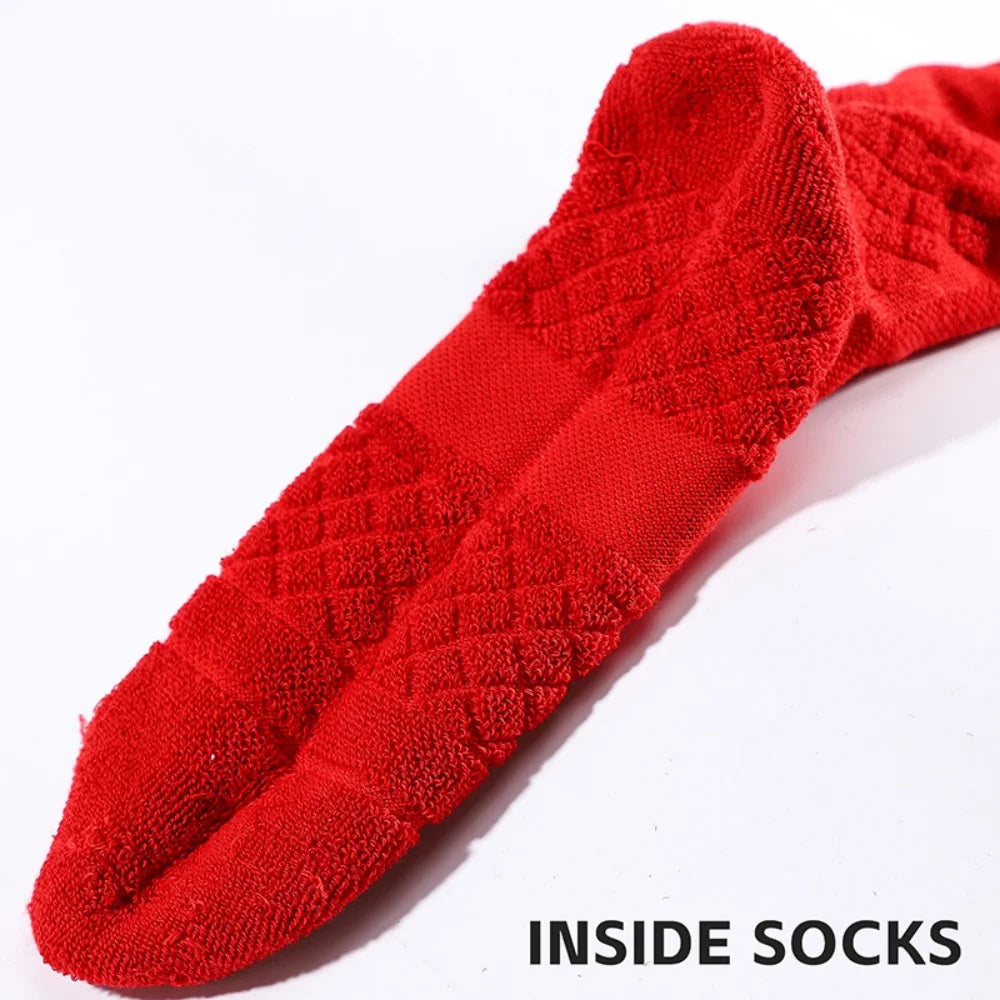 A close-up view of a red, textured knee-high sports sock.