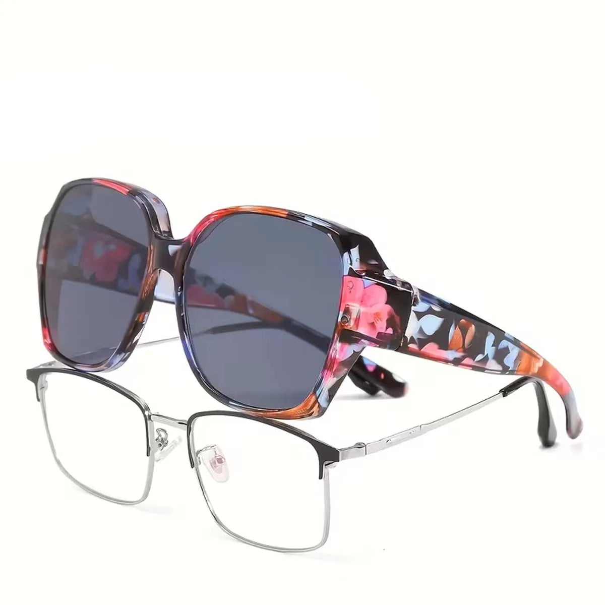 A pair of wrap-around sunglasses with tinted lenses and multicolored frames displayed against a white background.