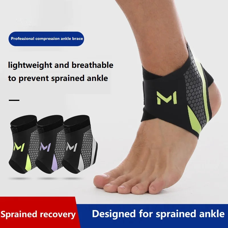 A person is wearing a black and neon green professional compression ankle brace designed for sprained ankle recovery.