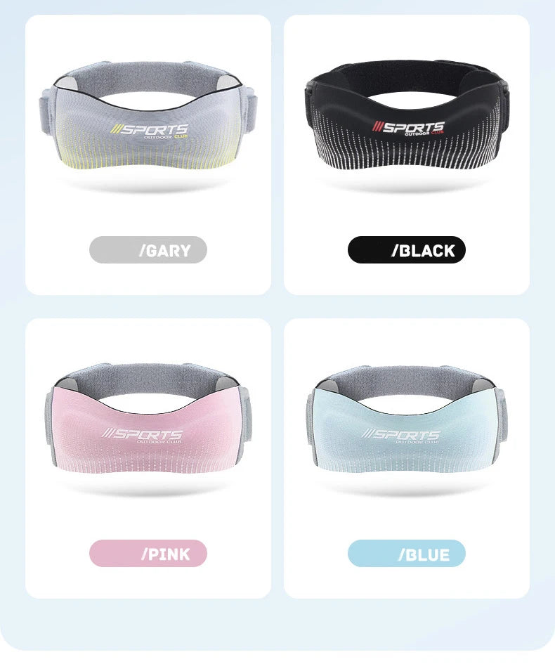 Four adjustable knee straps in gray, black, pink, and blue showing different colors.